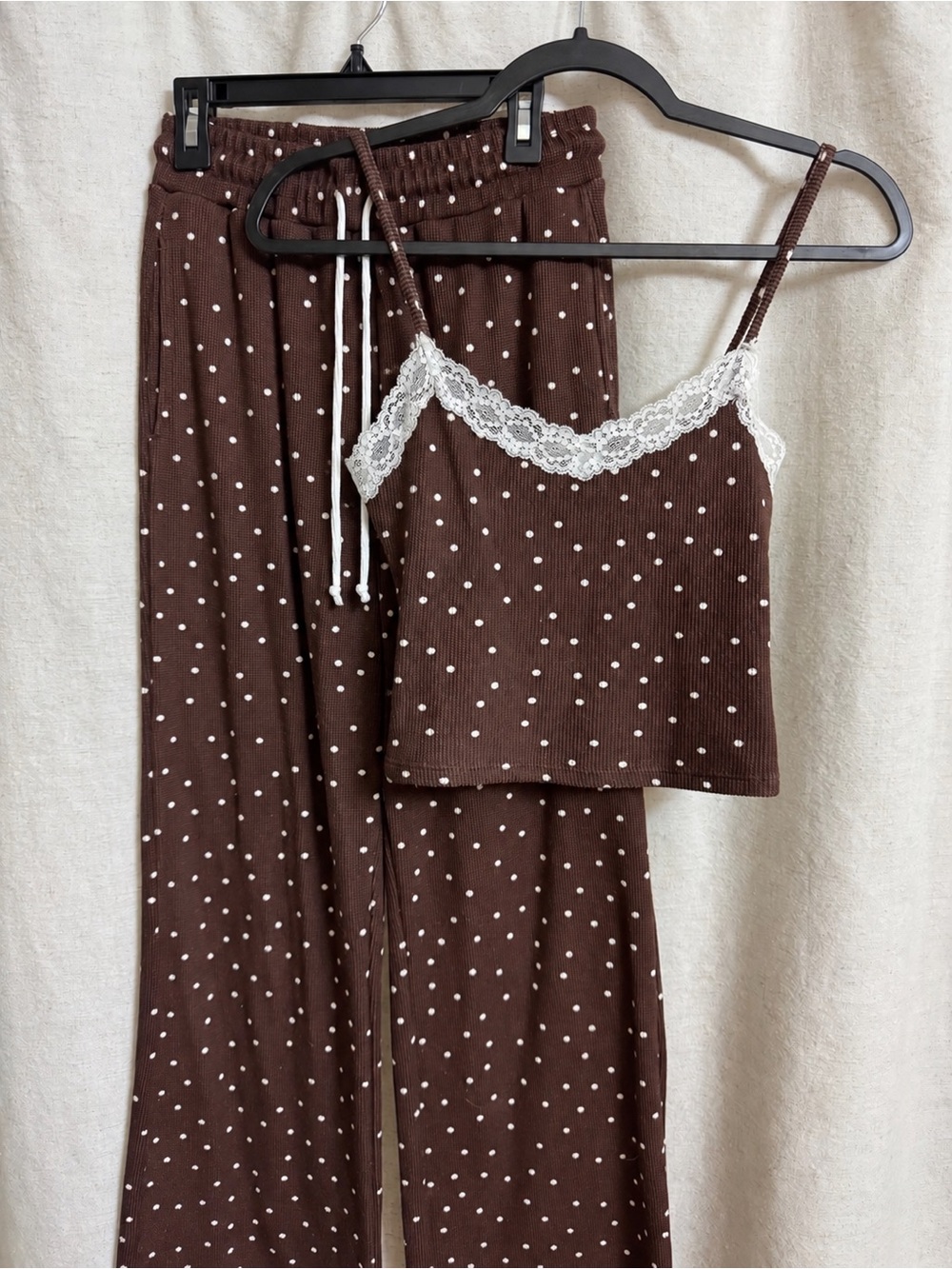Pink Rose Brown Polka Dot Lace-Trim Cami & Pajama Pants Set